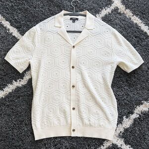 Reiss Royce Cream Open-Knit Button Front Short Sleeve